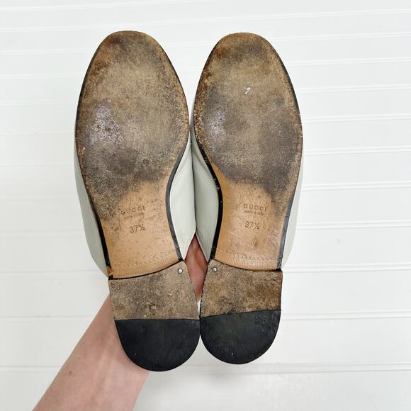 Gucci Princetown Loafer Mules Gray Bone Leather Flats Gold Horsebit Buckle 37.5 - Picture 6 of 8
